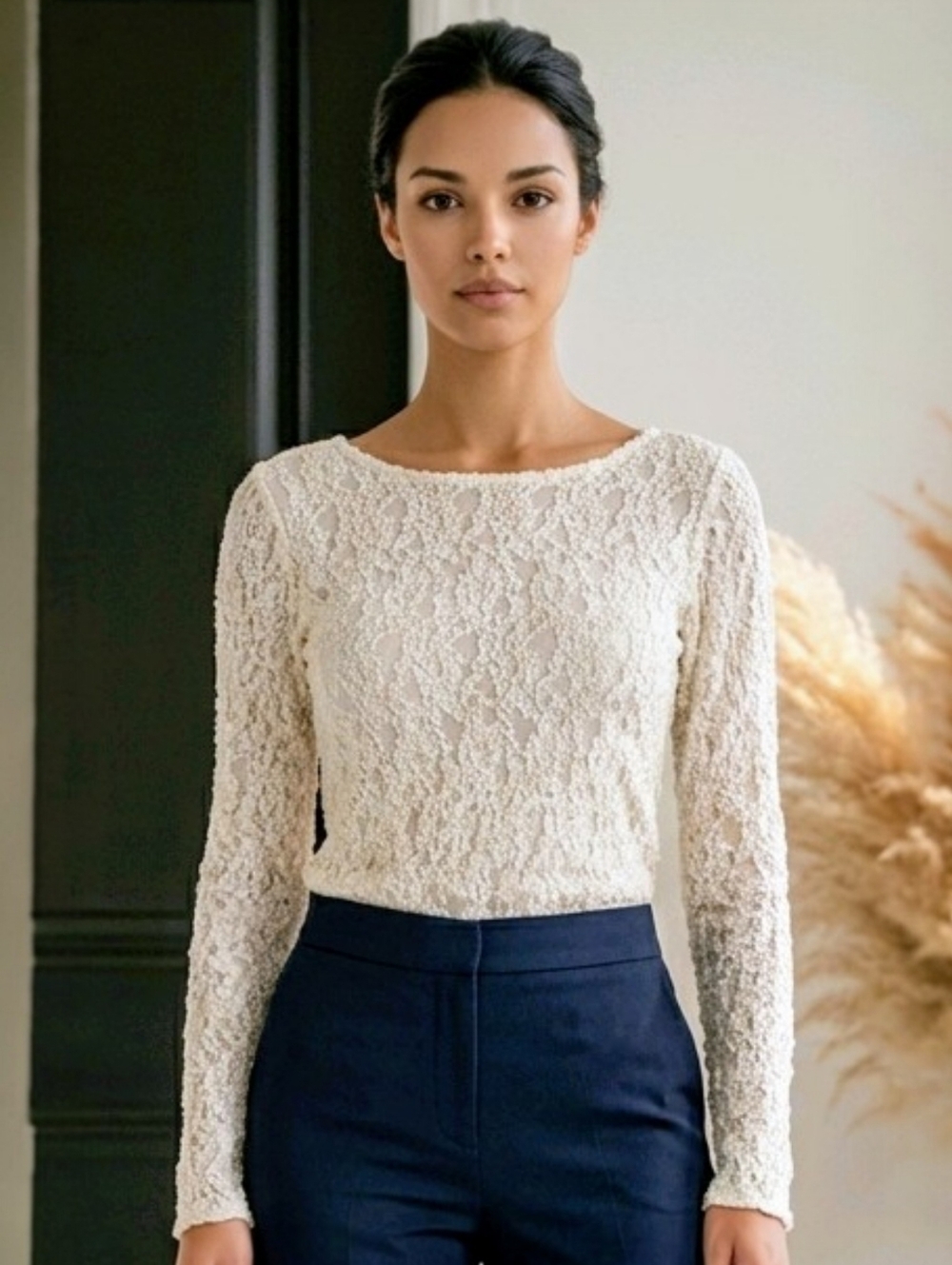 Womens Ivory Lace Mesh Blouse Long Sleeve Scoop Neckline Medium Made In The USA